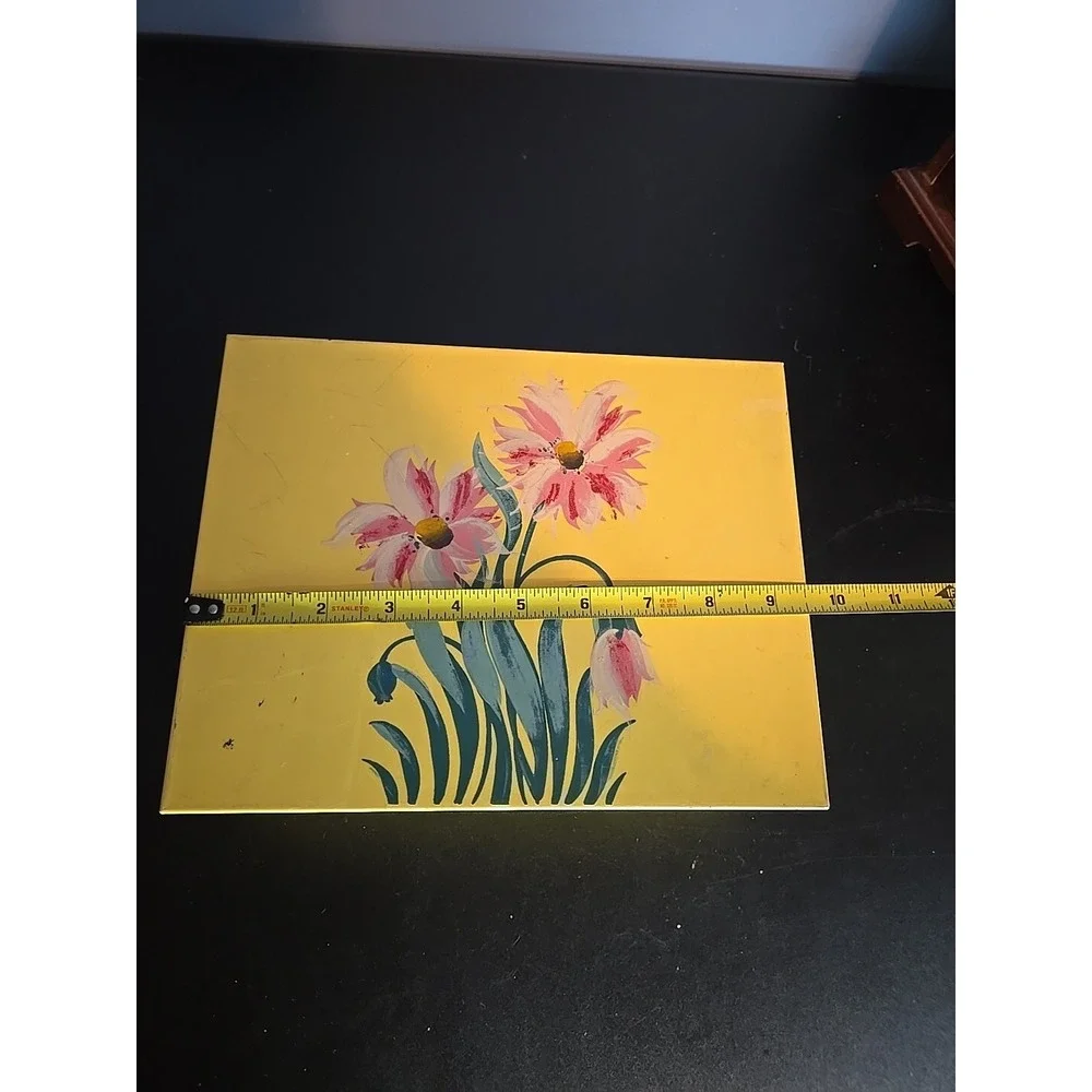 Vintage Yellow‎ Metal Box w/ Flowers on Hinged Lid - Hankie Jewelry Make-up Box